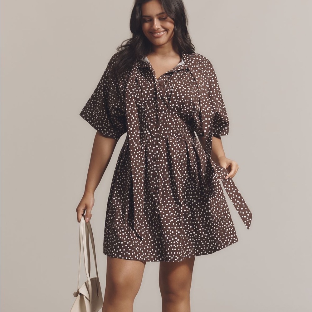 Anthropologie Exquise Tie Neck Tobie Mini Dress - Brown Polka Dot - Picture 3 of 5